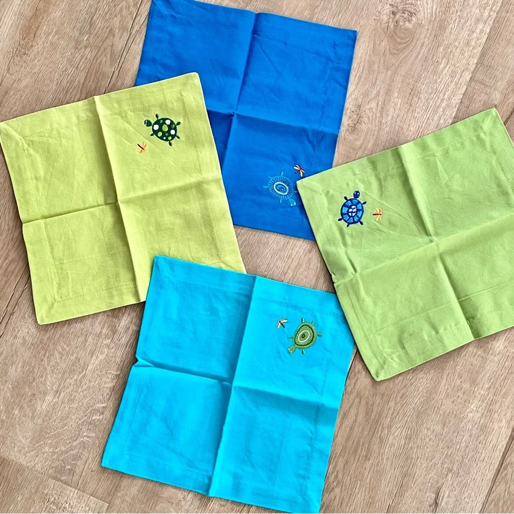 Tag Embroidered Turtle Cocktail Napkins 100% Cotton Set of 4 NIB 10” X 10”‎